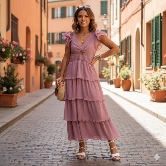 NWT ASTR Emporia Purple Pleated Tiered Midi Dress - Picture 1 of 10